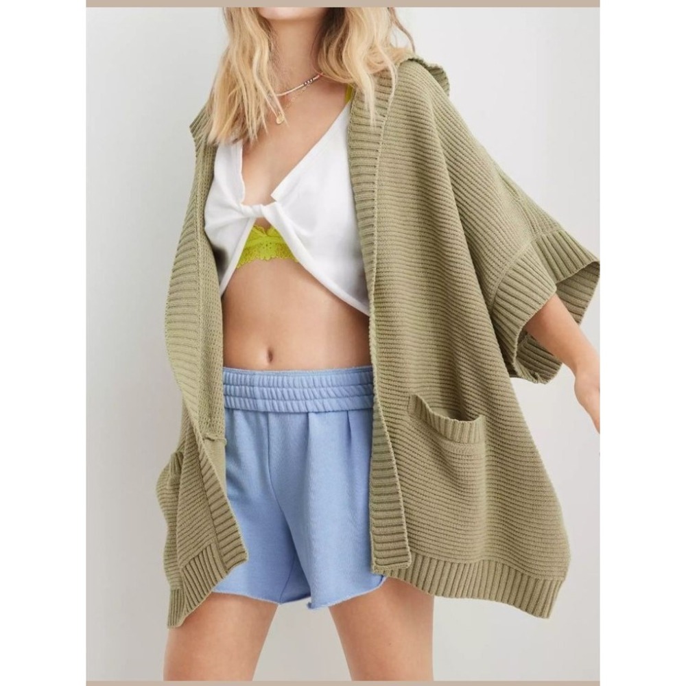 Aerie Real Oversized Hooded Cardigan Sage Green Chenille Knit Sweater XS/S